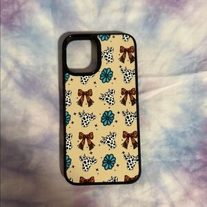 Stylish Beige Phone Case with Teal Flowers and Brown Bows